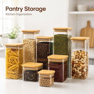 Juego de Recipientes Cuadrados de Vidrio con Tapa de Bambú para Almacenamiento de Alimentos en la Cocina, Café, Té, Pasta, Bocadillos y Embalaje para Regalos - Product Image 4