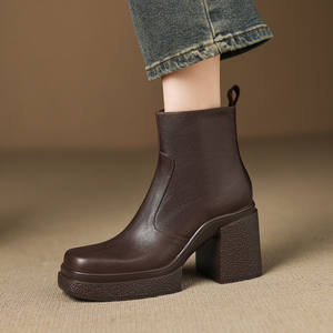 Botines de Moda para Mujer, Estilo Clásico Francés Retro, Color Sólido, Costuras, Tacón Cuadrado, Parte Superior de Cuero Genuino, Suela de Goma - Product Image 3