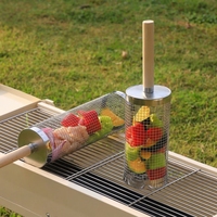 Panier de cuisson roulant en acier inoxydable pour barbecue, tube grillagé cylindrique avec poignée en bois, personnalisé, haute qualité, facile à nettoyer, 2 tailles