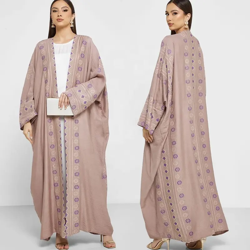 Abaya terbuka depan bordir berkerut kustom grosir bordir pola abstrak penuh abaya terbuka untuk wanita muslim Lebaran