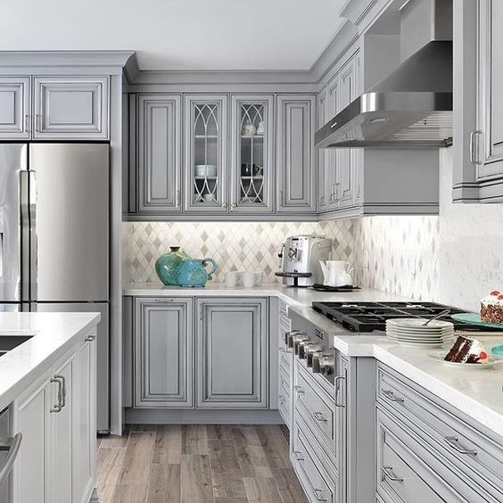 Светло-серый кухонный шкаф на заказ, деревянный кухонный шкаф с Кремовым белым шейкером, кухонный шкаф