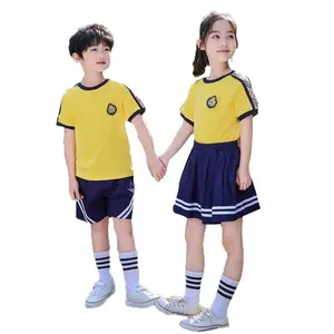 Yellow O neck T shirt navy shirt primary and secondary school summer sportswear custom design kids school uniforms