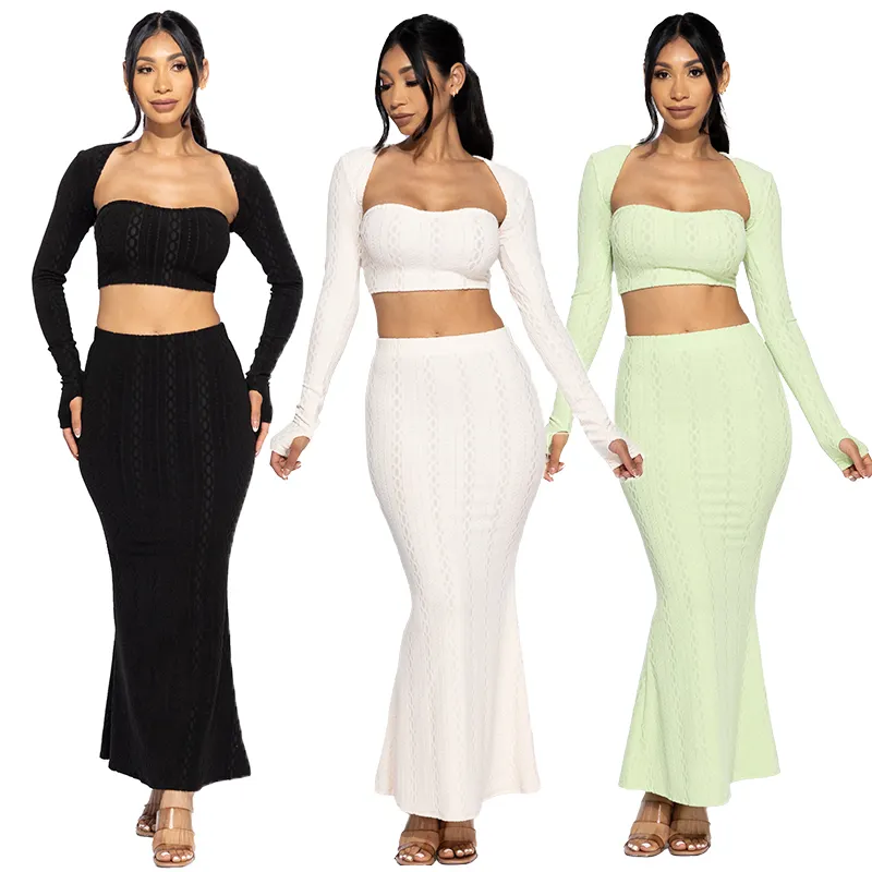 Wholesale fashionable long sleeves clothing evening prom wear Knit 3 piece maxi skirt set