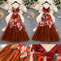 Robe longue décontractée élégante d'été J6455 pour femme, col halter, sans manches, coupe empire, patchwork floral, à volants