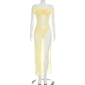 Viviblook Y26ST178 Ensemble d'été pour femme Nouveau sexy ensemble trois pièces : crop top bustier, string et robe longue fendue en maille transparente - Product Image 1