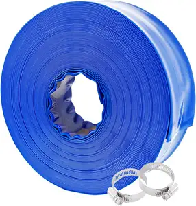 स्विमिंग पूल नली 1-1/2" x 100' इकोनॉमी ब्लू बैकवॉश नली क्लैंप के साथ सामान्य प्रयोजन प्रबलित पीवीसी ले-फ्लैट