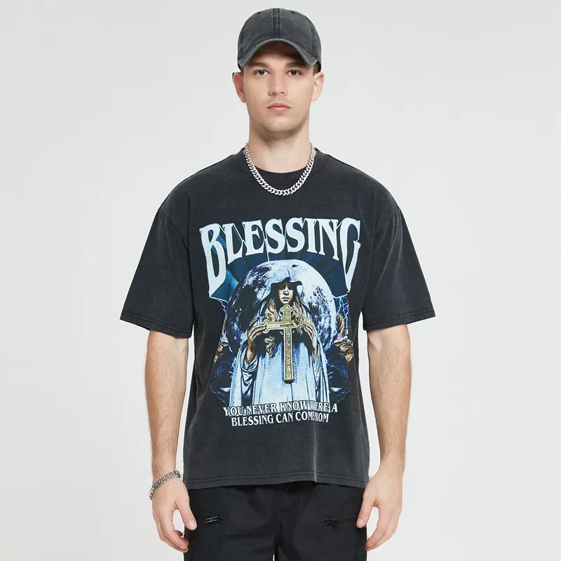 Hip Hop Streetwear camiseta personalizada peso pesado Vintage ácido lavado Cruz gráfico camisetas hombres