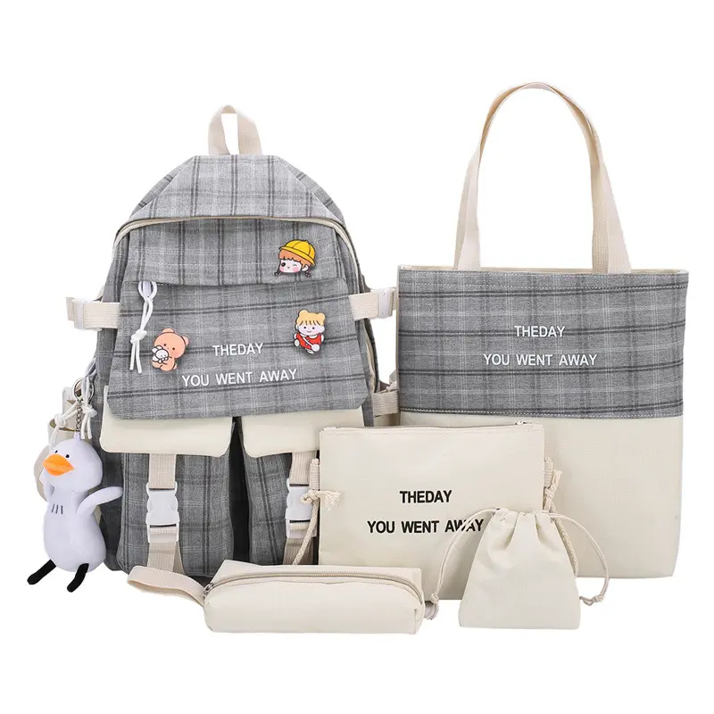 New simple fashion small fresh check school set di borse a cinque pezzi
