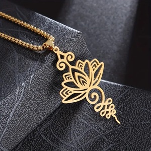 Collana di fiori in acciaio inossidabile a forma di fiore in acciaio al titanio, loto cavo, collana in stile palazzo - Product Image 4