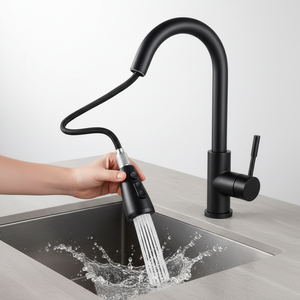 Robinet de cuisine extractible NES-CI253, <span class=keywords><strong>mitigeur</strong></span> chaud et froid, robinet d'évier rétractable, bec pivotant anti-éclaboussures, noir, usage domestique - Product Image 2