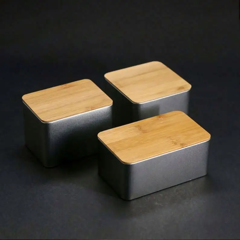Оптовая продажа, бамбуковые креативные квадратные чайные банки, жестяная коробка с бамбуковой крышкой, Подарочная коробка, упаковка, металлическая пищевая упаковка для чая