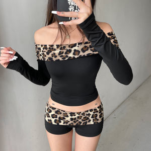 Y2K Leopard Print <b>Off</b> <b>Shoulder</b> Two Piece Set Women Sexy <b>Long</b> <b>Sleeve</b> Crop <b>Top</b> Shorts Clubwear Instagram Baddie Bodycon Outfit - Product Image 4