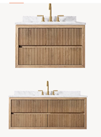 Meuble-Lavabo de Luxe pour Salle de Bain d'Hôtel, Mural en Bois Massif avec Tiroirs, Armoire de Rangement en MDF, Accessoires Populaires en Pierre Incluant Miroir et Lavabo