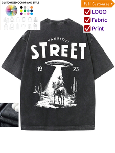 Customized Men's Y2K Heavyweight Short Sleeve High Street <strong>T</strong>-<strong>Shirt</strong> Vintage Washed Western UFO Cowboy Print Oversized 100% Cotton - Product Image 1