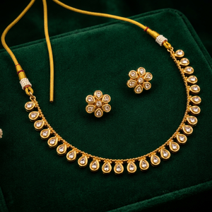 Indian Traditional Kundan Meenakari Copper Base Necklace Set Gold Plated Green Enamel Teardrop Choker with Floral <b>Stud</b> <b>Earrings</b> - Product Image 2