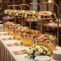 Plat de service de luxe 8L doré suspendu pour buffet, avec projecteur LED, base ornée et bijoutée, chauffe-plat en acier inoxydable pour buffet