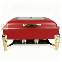 Plat de service de luxe 9L en acier inoxydable, chauffe-plat de buffet rouge et or avec couvercle en verre visible pour banquets d'hôtel
