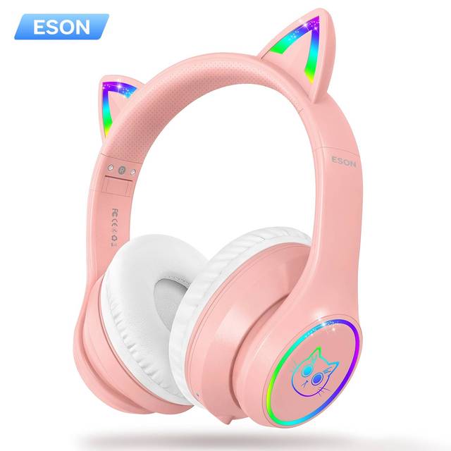 ESON Cat's Ears Kid's Wireless Headphone RGB LED Light up Cat Ears Foldable Adjustable Over Ear Headphone for Kid