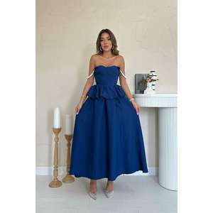 Elegante Vestido de Noche Azul Marino Corte A con Volantes y Tirantes de Perlas, Tela de Lino Transpirable, Escote Corazón - Product Image 4