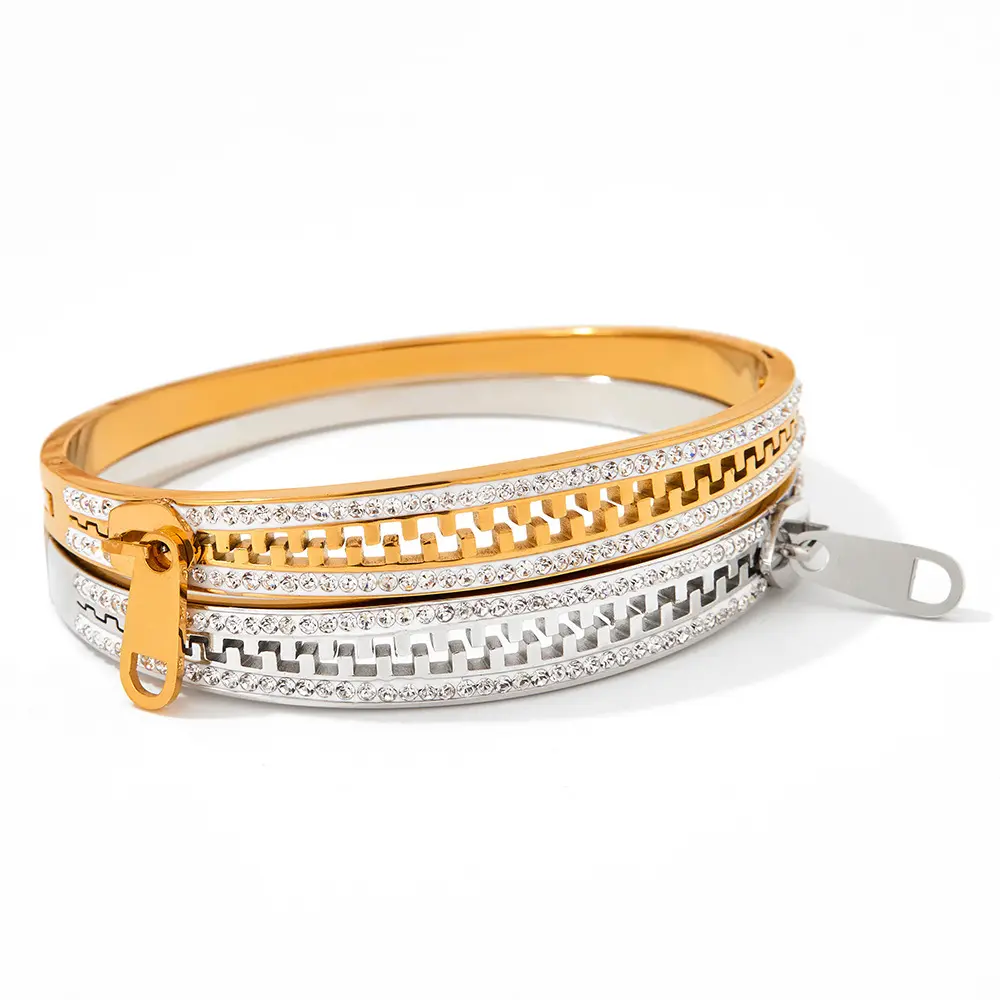 Vendita calda 18 carati placcato oro in acciaio inox bianco strass cerniera braccialetto braccialetto gioielli impermeabili per le donne fascino