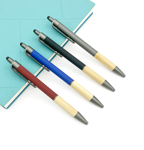 Personalized Custom Logo Printed Click Screen Stylus Eco-friendly Bamboo Wooden Grip Metal Ballpoint Pen