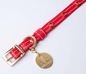 Red Italian With Heart Crystals Genuine Leather Adjustable Gold Hardware Stylish <b>Pet</b> <b>Collar</b> Gift For Dog - Product Image 3