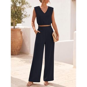 Custom Women's 2 Piece Set Sleeveless V Neck <b>Crop</b> <b>Top</b> Wide Leg Pants Casual Summer Outfit Vacation Beach Wear - Product Image 3