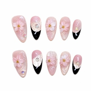 Faux ongles à presser en forme d'amande, motif fleur rose, couvrance totale, avec paillettes et strass, pré-conçus pour les doigts - Product Image 4
