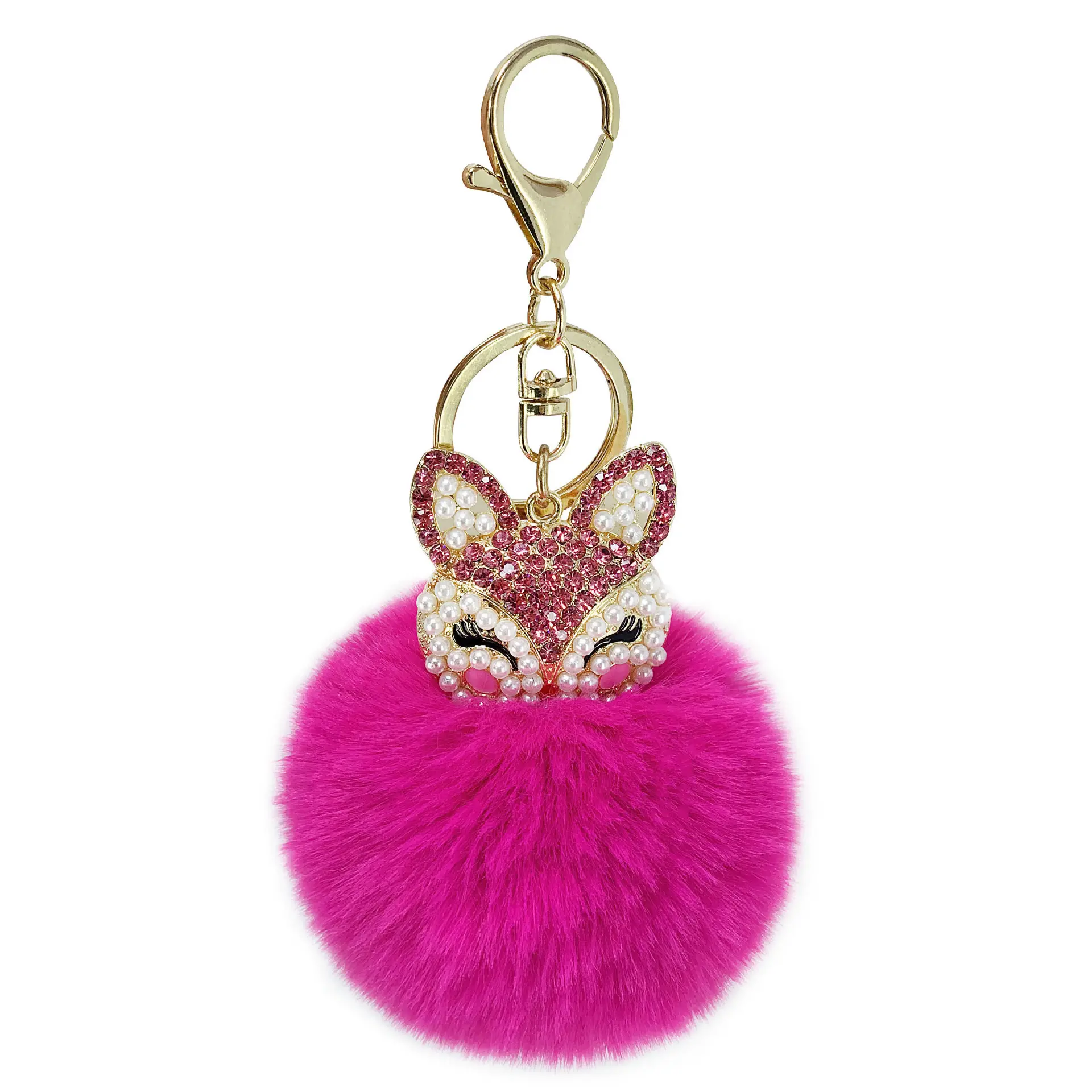 Wholesale Colorful Diamond Pearls Fox Heads Rex Rabbit Fur Ball Keychain Pom Pom Fur Ball Self Defence Keychain