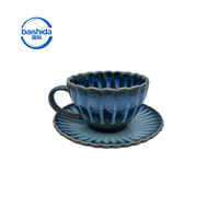 Ensemble tasse et soucoupe à thé en porcelaine côtelée motif chrysanthème bleu vintage 220 ml, résistant à la chaleur, écologique, vaisselle de style américain