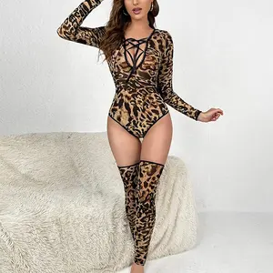 Ropa de dormir erótica para adultos, lencería Sexy con sujetador de Animal de leopardo y medias de Aro para el pelo, sujetador exótico, venta al por mayor