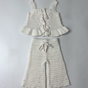 Chaleco de punto de ganchillo de verano, conjunto de pantalones sueltos para bebés y niños, conjunto de ropa infantil de punto personalizado sólido de algodón 100% para recién nacidos - Product Image 3