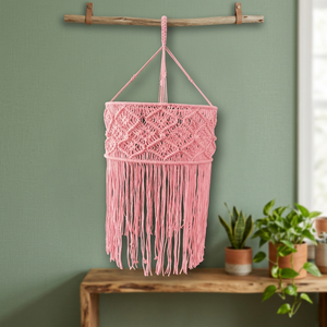 Décoration murale en macramé rose en coton avec pompons, style bohème, lavable, décoration intérieure, forme ronde, art pour salon - Product Image 3