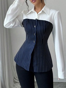 T26551 Camisa Casual Feminina de Manga Longa Listrada Slim-fit para Outono, Blusa de Tecido Stretch de Alta Qualidade para Mulheres - Product Image 6