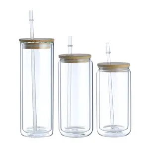 16Oz Sublimatie Sneeuwbol Glaswerk Cup Sneeuwbol Water Tumbler Doorzichtige Ijskoffie Mok Dubbele Wand Bier Blikje Glas Met Deksel