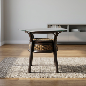 <b>Round</b> Rattan Dining <b>Table</b> With Tempered Glass <b>Top</b> Modern Contemporary Design Stable Wooden Legs Home Furniture Apartment Use - Product Image 3