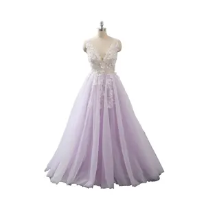 Purple A line custom made 3d flowers V neck open back floor length prom dresses for wedding girl evening dresses wholesale