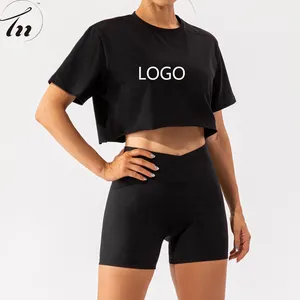 Top cropped básico curto para yoga, camiseta fitness de tecido leve com gola solta para academia, S-XL