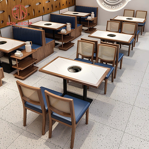 ชุดเฟอร์นิเจอร์ร้านอาหารทันสมัยโต๊ะหินอ่อนทรงสี่เหลี่ยมพร้อมช่องวงกลมกลางและ<span class=keywords><strong>เก้าอี้</strong></span>หวายสีฟ้า - Product Image 1