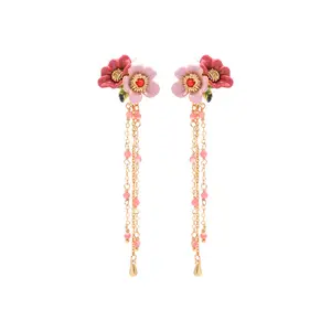 Flower & Faux Pearl Decor Drop Earrings 925 Silver Post Colorful Flower Earring Oil Drop Enamel Hibiscus Stud Earrings