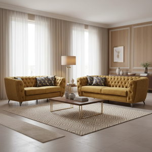 Set Divano 2+3 Posti di Design Italiano Contemporaneo di Lusso per Soggiorno e Hotel, Divano Sezionale a 5 Posti in Tessuto Trapuntato Chesterfield con Struttura in Acciaio Dorato - Product Image 1