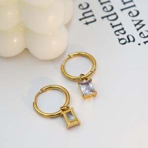 Golden Colored White Zircon Hoop Earrings With Rectangular Charm Bezel Setting Everyday Wear Geometric Design Stainless Steel - Product Image 3