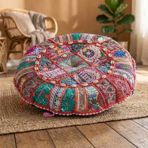 Housse de coussin rond et multicolore en patchwork, taie d'oreiller de sol, décoratif coloré - Product Image 1