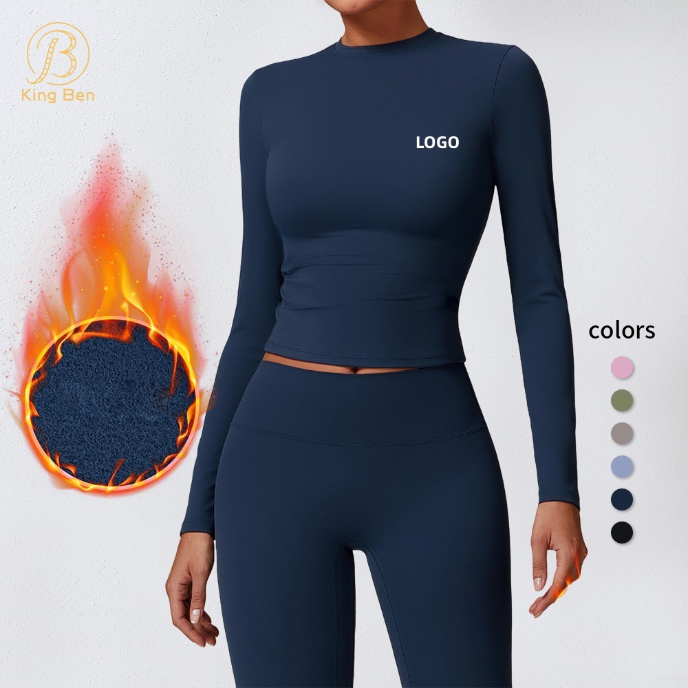 Women Winter Fleece Long Sleeve Yoga Crop Top Fitness Skinny Activewear Workout Apparel Gym Running T Shirt Warm Sportswear