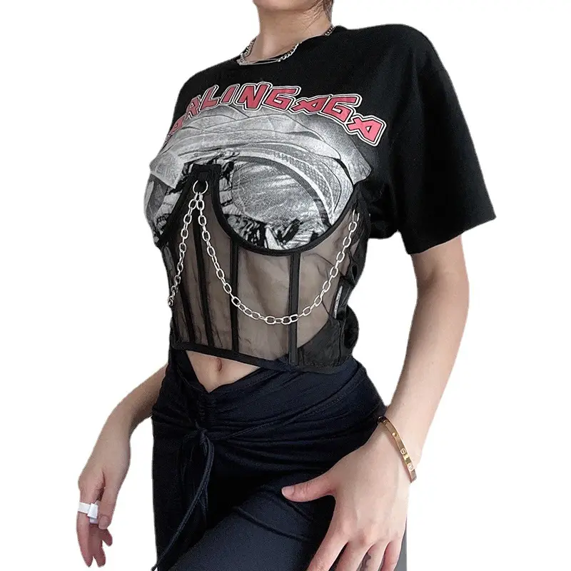 Wholesale 2023 New Design sexy Graphic Print Lace Patchwork Cotton T-Shirt Crop Top Chain Mesh Corset T Shirt Women