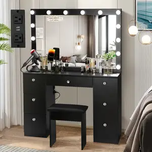 Tocador moderno de madera montado en la pared con espejo LED y cajones diseño de tocador de maquillaje de Hollywood de lujo para dormitorio