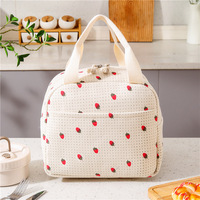 Sac Isotherme Portable Best-Seller en Velours Côtelé à Fermeture Éclair, Thème Fraise, Idéal pour le Travail, l'École et les Repas Préparés (Bento)