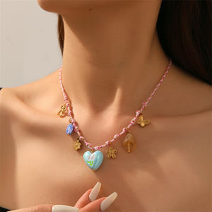 甜美创意女式不锈钢吊坠项链流行盒链带爱心星星蝴蝶结编织绳锆石主石 - Product Image 2