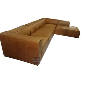 Set di divani in pelle vintage da salotto in pelle marrone chiaro afflitto a forma di L e divani angolari sezioni divano ad angolo pezzi