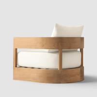 Fauteuil lounge en teck massif, fauteuil d'appoint minimaliste Japandi avec accoudoirs découpés et base sur socle pour chambre et balcon